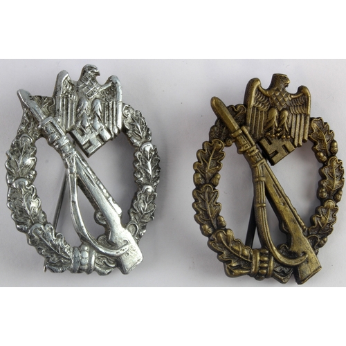 929 - German Infantry Assault War badges in bronze and silver both unmarked.