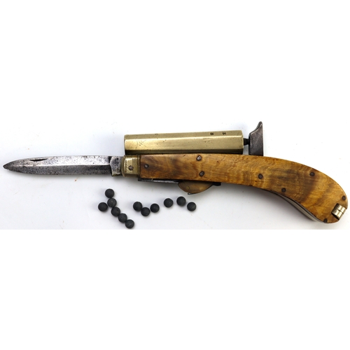 98 - Knife-pistol by Unwin and Rogers, circa 1850, small-bore percussion multi-tool with 3 ¼ in. German s... 