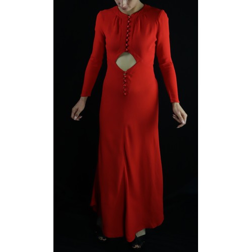 450 - Ossie Clark for Radley Moss Crepe slender red dress, circa 1970s, with long sleeves, fourteen button... 