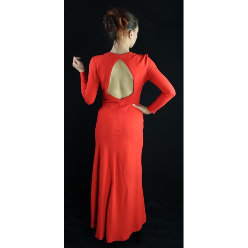 450 - Ossie Clark for Radley Moss Crepe slender red dress, circa 1970s, with long sleeves, fourteen button... 