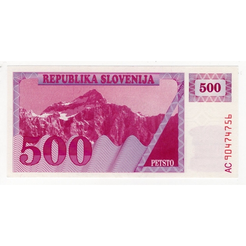 1082 - Slovenia 500 Tolarjev dated 1990, serial AC 90474756 (BNB B208a, Pick8a) Uncirculated