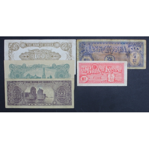 1090 - South Korea (5), 1000 Won issued 1953 (Pick10b), 10 Hwan issued 1953 (Pick16), 100 Won issued 1950 (... 