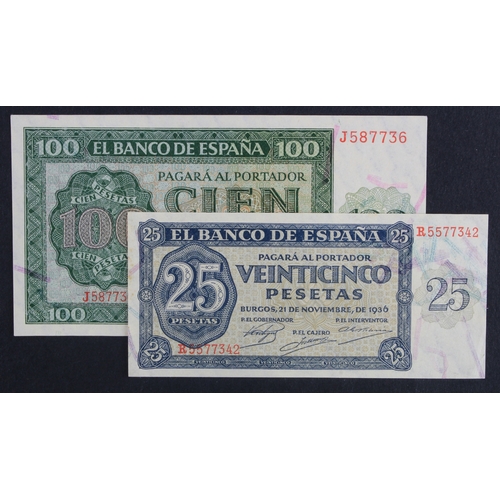 1098 - Spain (2), 100 Pesetas and 25 Pesetas dated 21st November 1936, serial J587736 and R5577342 (BNB B56... 