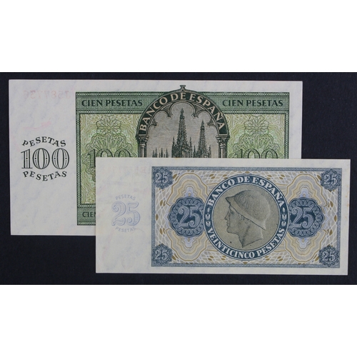 1098 - Spain (2), 100 Pesetas and 25 Pesetas dated 21st November 1936, serial J587736 and R5577342 (BNB B56... 