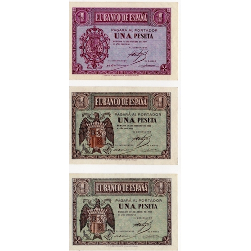 1102 - Spain (3), 1 Peseta dated 12th October 1937 serial A 8667032, 1 Peseta dated 28th February 1938 seri... 