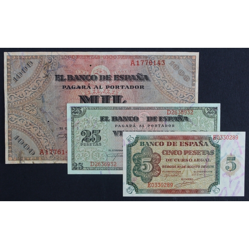 1103 - Spain (3), 1000 Pesetas, 25 Pesetas and 5 Pesetas dated 1938 (BNB B581a, B577a, B576a, Pick115a, 111... 