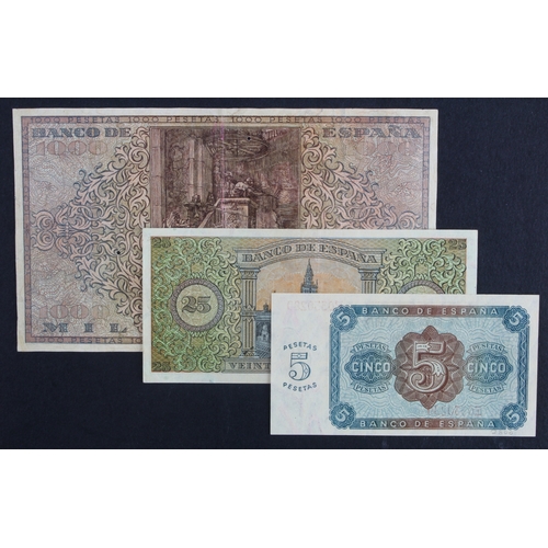 1103 - Spain (3), 1000 Pesetas, 25 Pesetas and 5 Pesetas dated 1938 (BNB B581a, B577a, B576a, Pick115a, 111... 