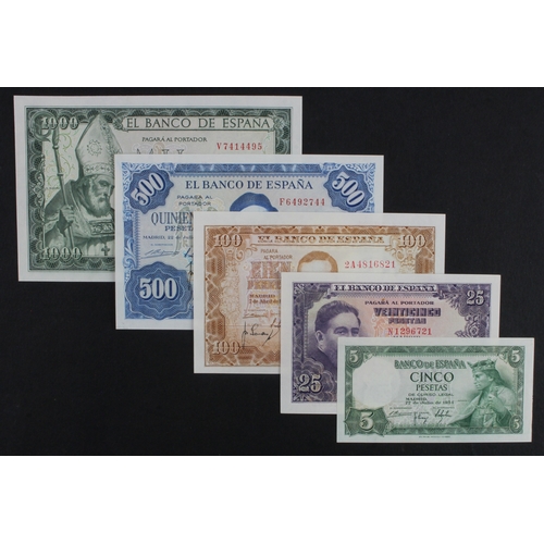 1104 - Spain (5), 1000 Pesetas dated 1965, 500 Pesetas dated 1954, 100 Pesetas dated 1953, 25 Pesetas dated... 