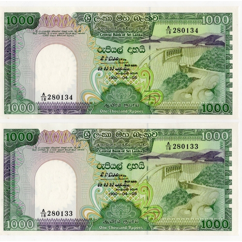 1110 - Sri Lanka 1000 Rupees (2) dated 5th August 1990, a consecutively numbered pair serial A/18 280133 & ... 