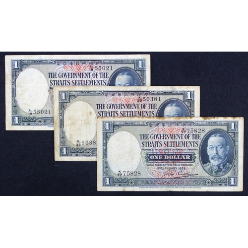 1111 - Straits Settlements 1 Dollar (3), dated 1st January 1935, portrait King George V at right, serial K/... 