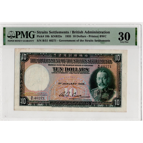 1112 - Straits Settlements 10 Dollars dated 1st January 1935, King George V portrait at right, serial B/51 ... 