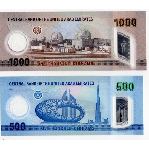 1145 - United Arab Emirates (2), 1000 Dirhams and 500 Dirhams, new polymer issues dated 2022 and 2023, seri... 