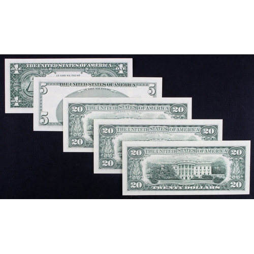 1149 - United States of America (5), 20 Dollars series 1993 (3) a consecutively numbered run, 5 Dollars ser... 