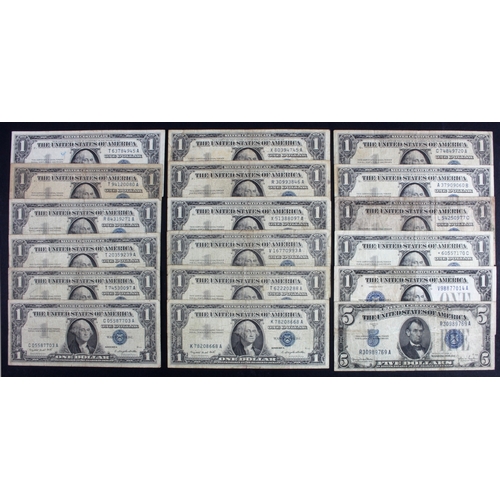 1155 - United States of America Silver Certificates (18), 5 Dollars series 1934D, 1 Dollar series 1957 STAR... 