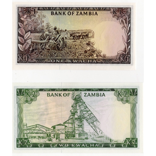 1187 - Zambia (2), 2 Kwacha issued 1974 signed B.R. Kuwani, serial 54/C 167197 (BNB B120a, Pick20), 1 Kwach... 