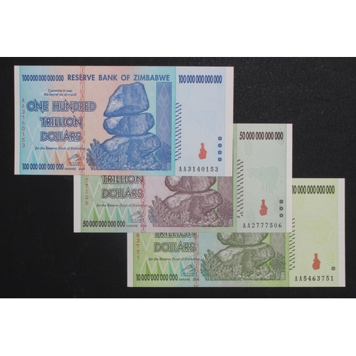 1188 - Zimbabwe (3), 100 Trillion Dollars, 50 Trillion Dollars and 10 Trillion Dollars dated 2008, the high... 