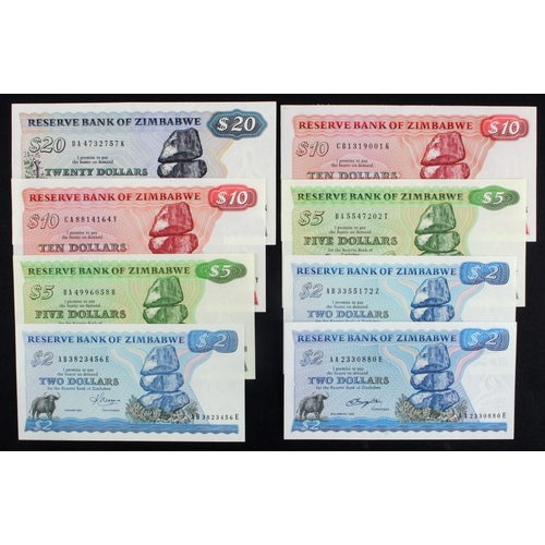 1189 - Zimbabwe (8), 2 Dollars (3) dated 1980, 1983, 1994, 5 Dollars (2) dated 1983 & 1994, 10 Dollars (2) ... 