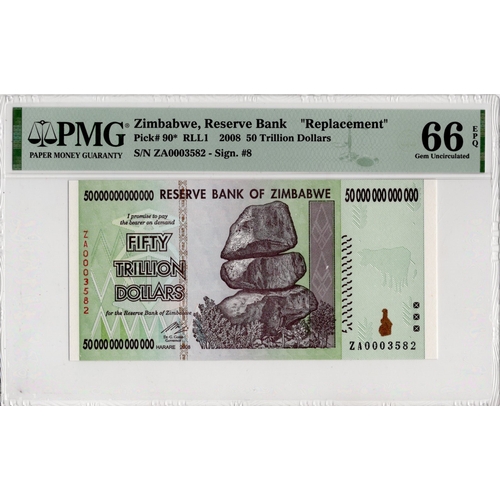 1191 - Zimbabwe 50 Trillion Dollars dated 2008, a REPLACEMENT note 'ZA' with LOW number, serial ZA 0003582 ... 