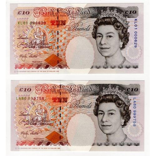 177 - Lowther 10 Pounds (B382) issued 1999 (2), FIRST RUN 'KL01' prefix with LOW serial number, and LAST R... 