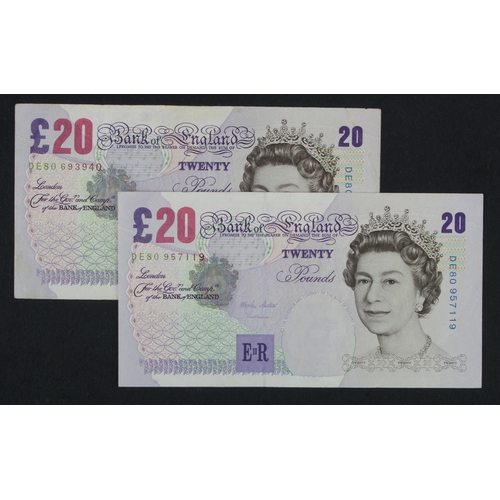 184 - Lowther 20 Pounds (B386) issued 1999 (2), rare LAST RUN 'DE80' prefix notes, serial DE80 693940 and ... 