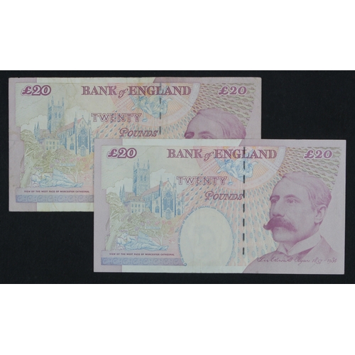 184 - Lowther 20 Pounds (B386) issued 1999 (2), rare LAST RUN 'DE80' prefix notes, serial DE80 693940 and ... 