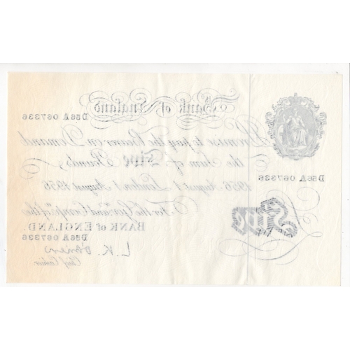 208 - O'Brien 5 Pounds (B276) dated 1st August 1956, final year of issue of white notes, serial D56A 06733... 