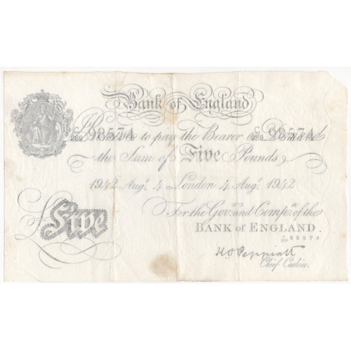 239 - Peppiatt 5 Pounds (B241) dated 4th August 1942, scarcer WAR DATE, serial C/289 98574, London issue (... 