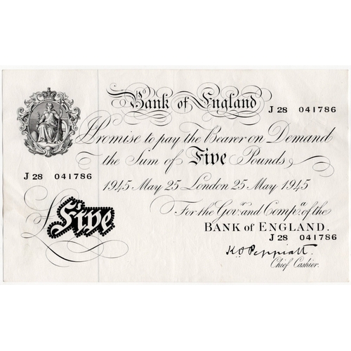 242 - Peppiatt 5 Pounds (B255) dated 25th May 1945, serial J28 041786, London issue on thick paper (B255, ... 