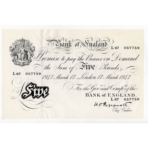 248 - Peppiatt 5 Pounds (B264) dated 17th March 1947, serial L67 057759, London issue on thin paper, a con... 