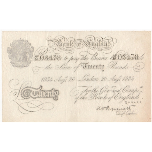 250 - Peppiatt BERNHARD note, 20 Pounds dated 20th August 1934, serial 48/M 03478, London issue (B243 for ... 