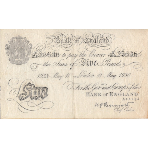 252 - Peppiatt BERNHARD note, 5 Pounds dated 11th May 1938, serial B/219 25636 (B241 for type) Bernhard WW... 