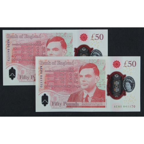 256 - Sarah John 50 Pounds (B418) issued 2021 (2), polymer issue with portrait of Alan Turing on reverse, ... 