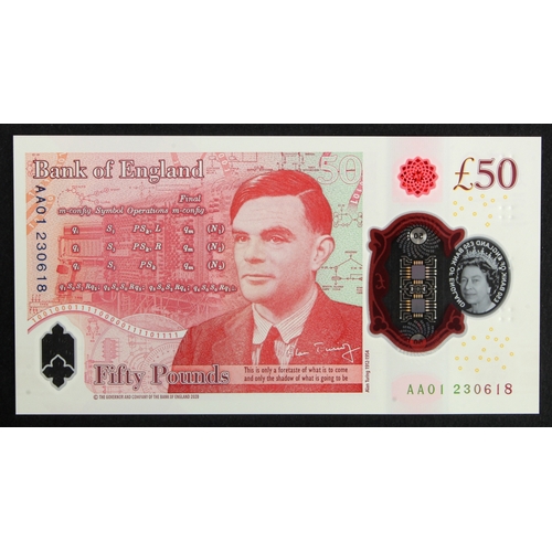 258 - Sarah John 50 Pounds, polymer issue with portrait of Alan Turing on reverse, a FIRST RUN 'AA01' pref... 