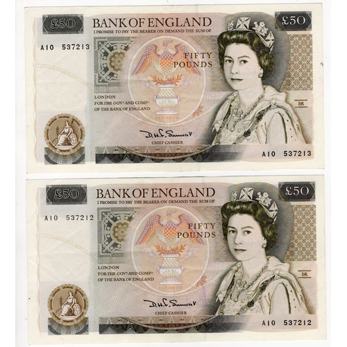 269 - Somerset 50 Pounds (B352) issued 1981 (2), a consecutively numbered pair of 'A' PREFIX notes just on... 