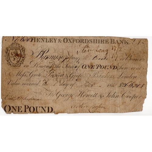 276 - Henley & Oxfordshire Bank 1 Pound dated 1818, serial No. E6805 for George Hewell & John Cooper (Outi... 