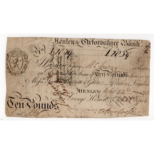 277 - Henley & Oxfordshire Bank 10 Pounds dated 1818, serial No. L2039 for George Hewell & John Cooper (Ou... 