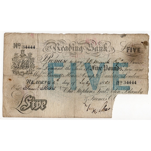 283 - Reading Bank 5 Pounds dated 1883, serial No. 34444 for Chas. Stephens, Fred. John Blandy & Francis C... 