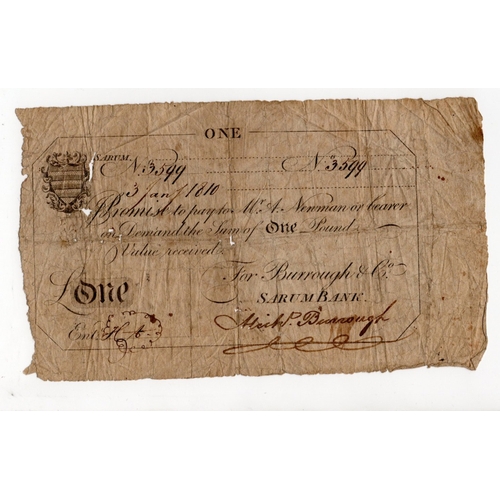 285 - Sarum Bank 1 Pound dated 1810, serial no. 3599 for Burrough & Co. (Outing1886a) holes and splits, Fa... 