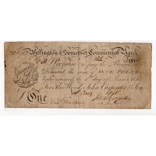 290 - Wellington & Somerset Commercial Bank 1 Pound dated 8th June 1815, serial No. 1912 for T. Wood, J. C... 