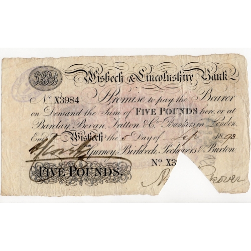 294 - Wisbech & Lincolnshire Bank 5 Pounds dated 1893, No. X3984 for Gurney, Birkbeck, Peckovers & Buxton ... 