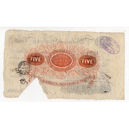 294 - Wisbech & Lincolnshire Bank 5 Pounds dated 1893, No. X3984 for Gurney, Birkbeck, Peckovers & Buxton ... 