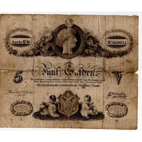 508 - Austria 5 Gulden dated 1841, serial QM 869974 (PickA70a) large tears and splits, taped repair on rev... 