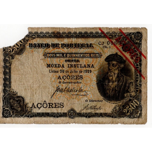 511 - Azores 2500 Reis dated 30th July 1909, serial CJ 00864 (BNB B113c, Pick8b) edge tears, splits/holes,... 