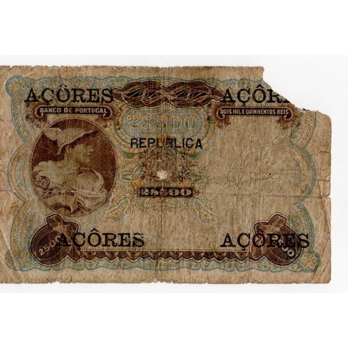 511 - Azores 2500 Reis dated 30th July 1909, serial CJ 00864 (BNB B113c, Pick8b) edge tears, splits/holes,... 