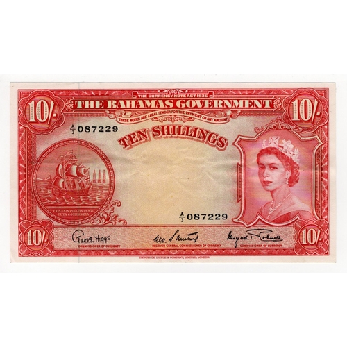 513 - Bahamas 10 Shillings not dated issued 1953, portrait Queen Elizabeth II at right, serial A/3 087229 ... 