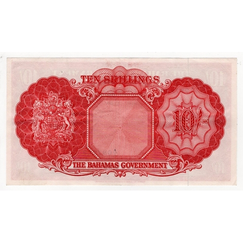 513 - Bahamas 10 Shillings not dated issued 1953, portrait Queen Elizabeth II at right, serial A/3 087229 ... 