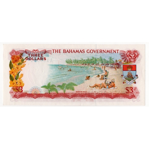 518 - Bahamas 3 Dollars dated 1965, Queen Elizabeth II portrait at left, serial A105994 (BNB B118a, Pick19... 