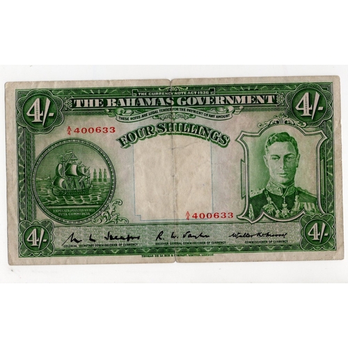 520 - Bahamas 4 Shillings Law 1936 (issued 1941), portrait King George VI at right, serial A/4 400633 (BNB... 