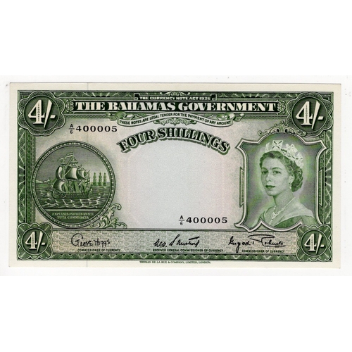 521 - Bahamas 4 Shillings not dated issued 1953, portrait Queen Elizabeth II at right, serial A/6 400005 (... 