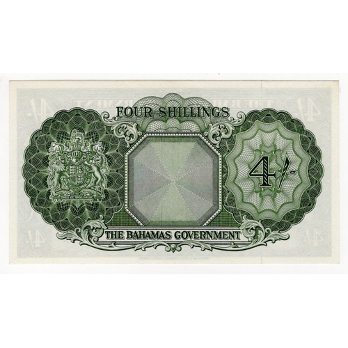 521 - Bahamas 4 Shillings not dated issued 1953, portrait Queen Elizabeth II at right, serial A/6 400005 (... 